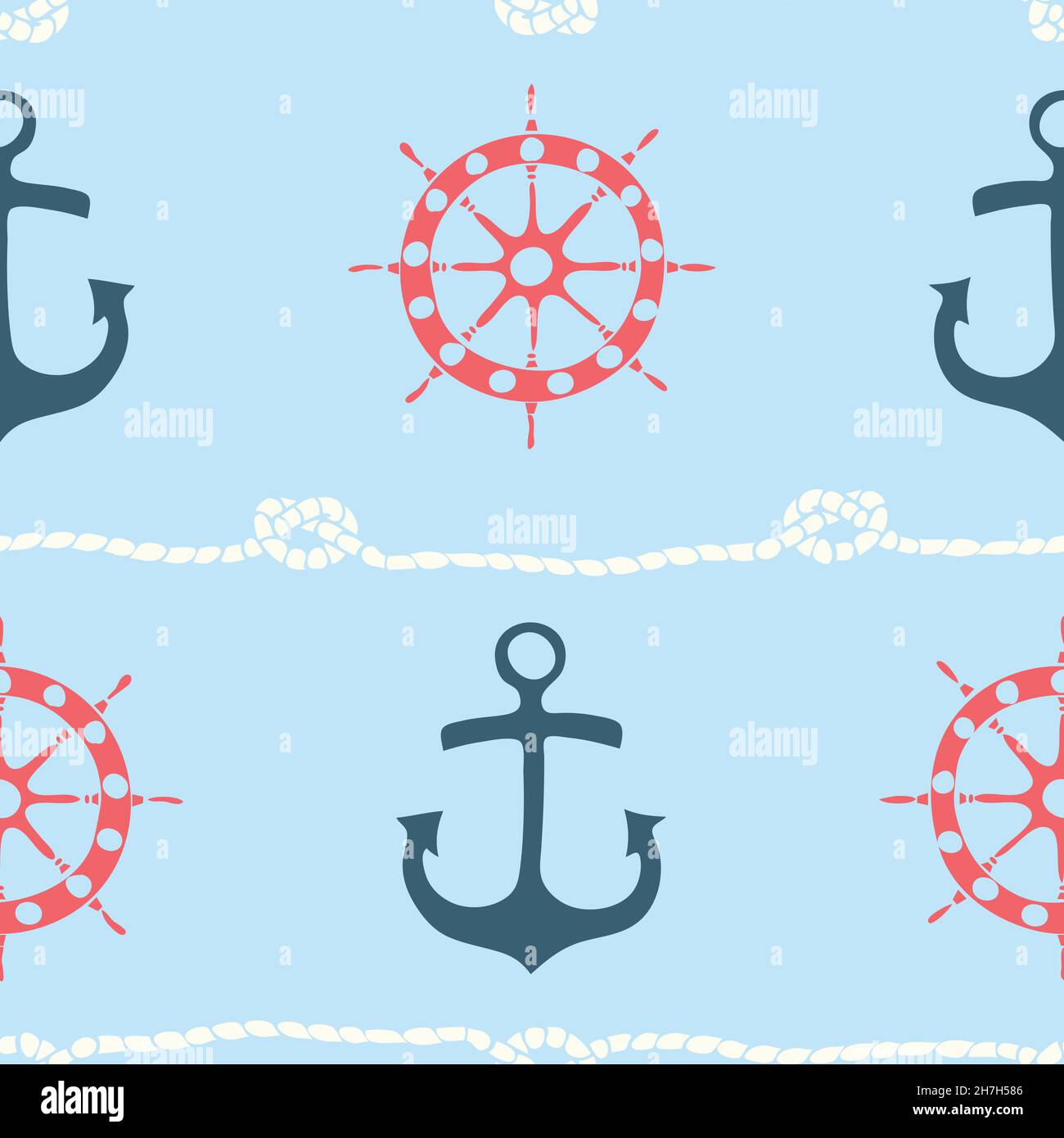 Motif vectoriel sans couture avec ancrage et roue d'expédition sur fond bleu.Papier peint marin simple.Textile décoratif de mode nautique. Illustration de Vecteur