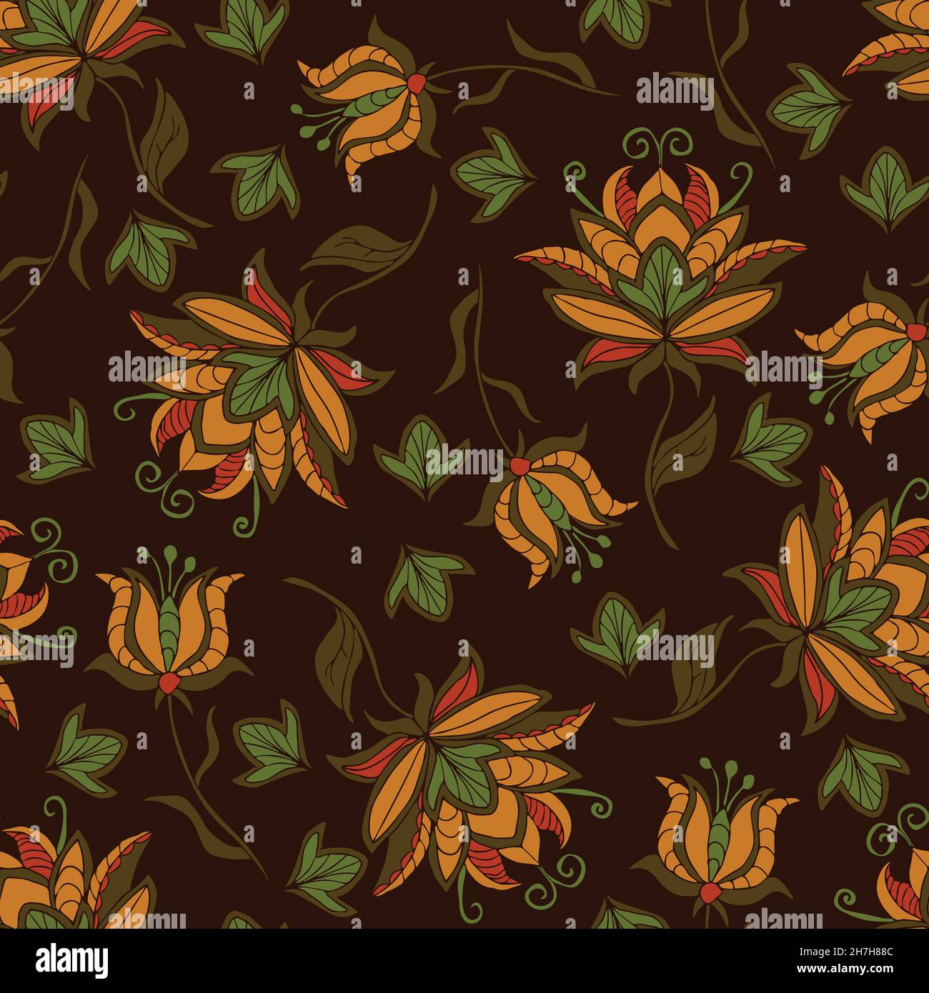 Motif vectoriel sans couture avec fleurs tropicales sur fond marron.Papier peint à motif fleuri vintage.Broderie textile de mode. Illustration de Vecteur
