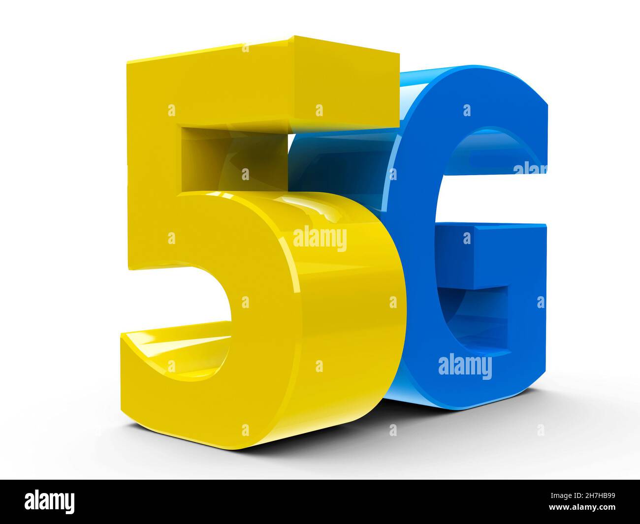 Symbole jaune et bleu 5g, icône ou bouton isolé sur fond blanc, rendu tridimensionnel, illustration 3D Banque D'Images