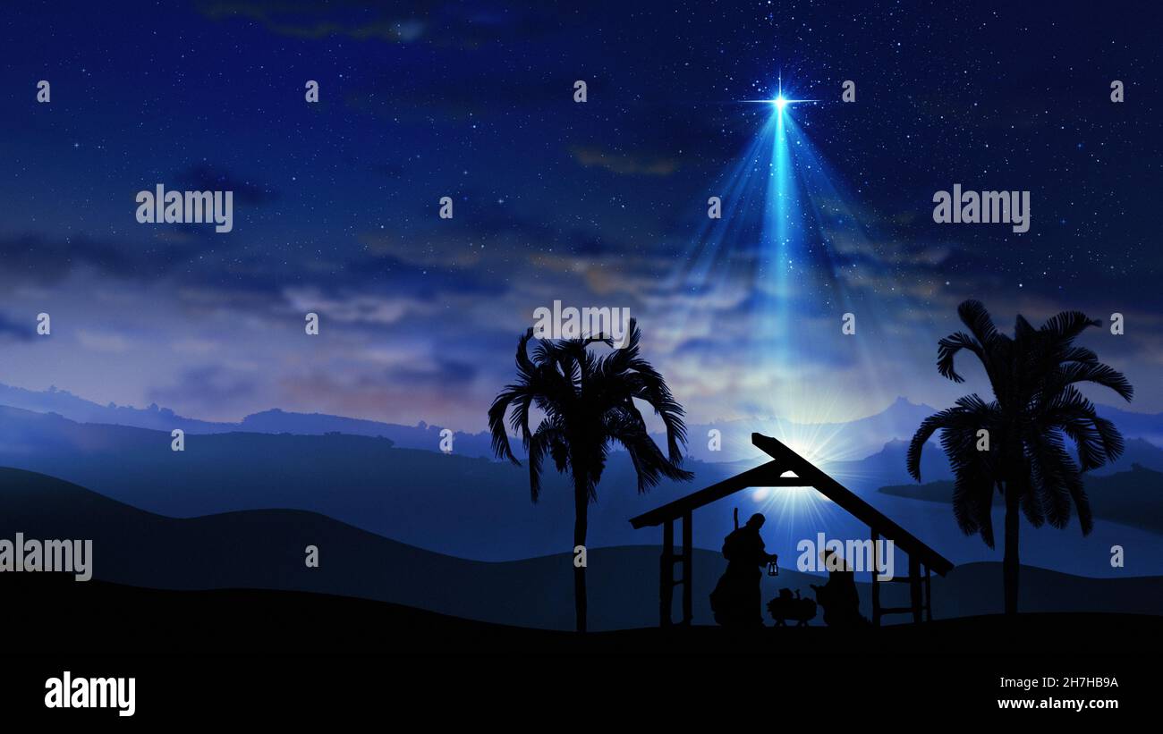 Scène de Noël avec étoiles scintillantes et étoile plus lumineuse de Bethléem avec personnages de la nativité animaux animés et arbres.Nativité Histoire de Noël uedn Banque D'Images