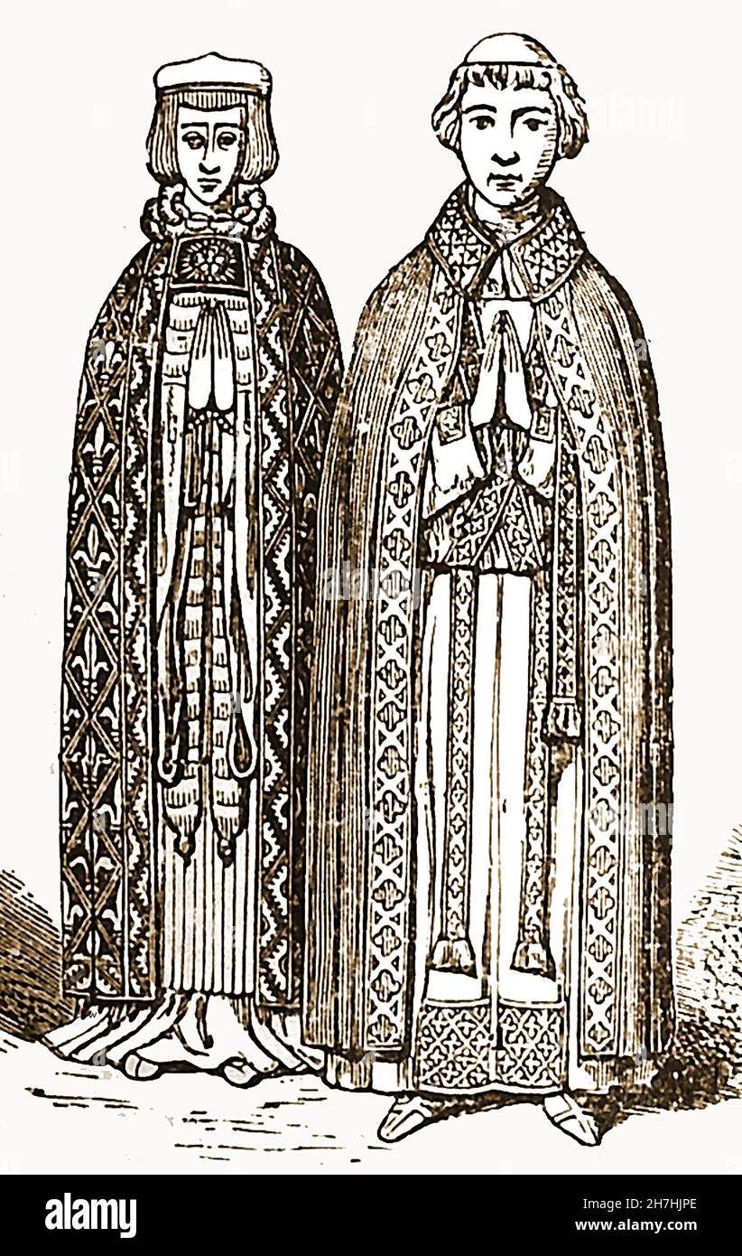 1896 gravure historique - Dr Robert Langton (à gauche) , Queen's College,Oxford et une autre figure, tous deux portant un COPE, un veston liturgique sous la forme d'un long manteau ou d'un manteau, ouvert devant et attaché à la poitrine avec un groupe ou une agrafe.À l'origine, une cagoule était attachée au cou, puis remplacée par un morceau de matériau en forme de bouclier, restauré au XXe siècle.Il est utilisé par le clergé catholique romain et certains membres du clergé anglican à des fonctions non eucharistiques. Banque D'Images
