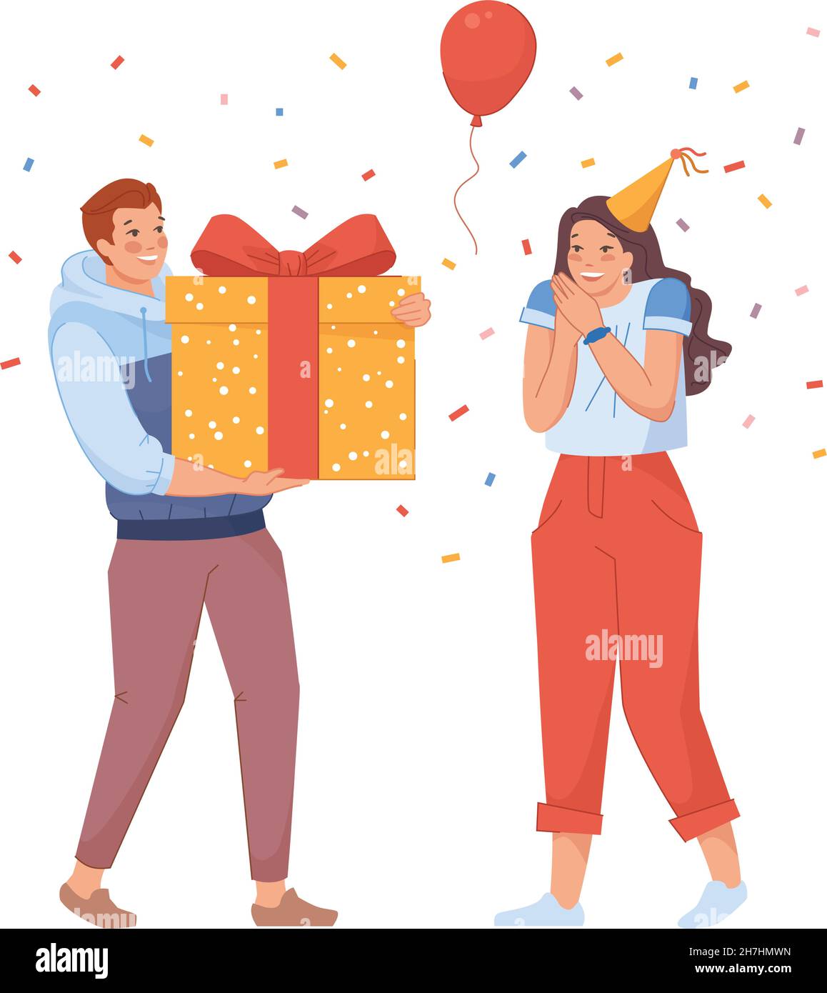 Guy Donne Un Cadeau A La Fille Homme Avec Surprise Felicite La Femme Pour Son Anniversaire Illustration Vectorielle Isolee Sur Fond Blanc Image Vectorielle Stock Alamy