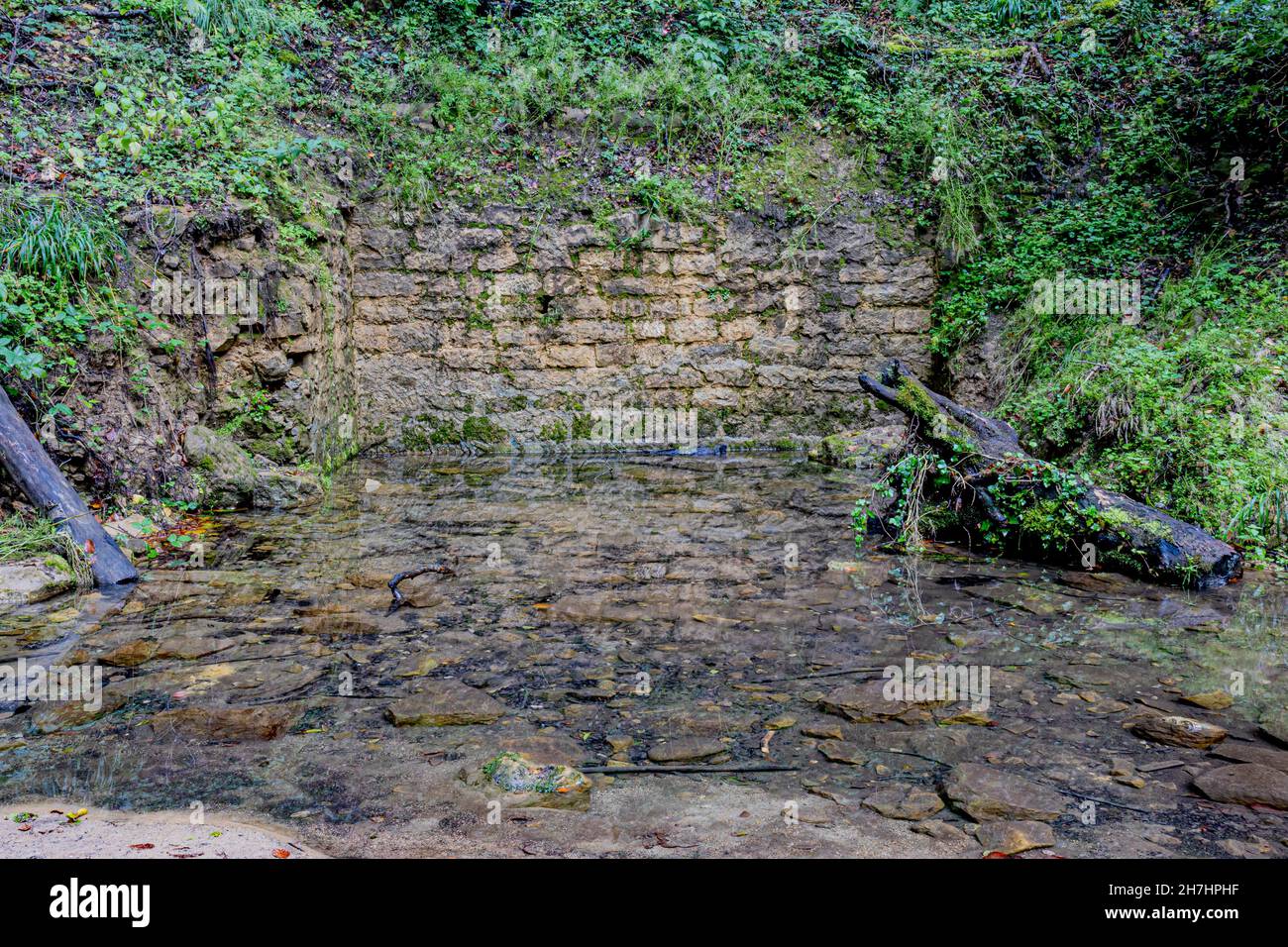 Mur de briques en pierre sur la colline entouré d'une végétation sauvage verte, avec accumulation d'eau transparente, propre et cristalline sur les pierres sur le g Banque D'Images