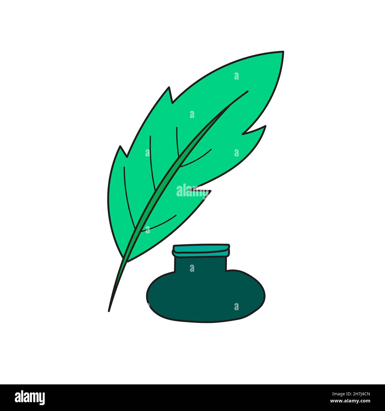 Icône de dessin animé simple.Pot d'encre vert et plumes.Icônes d'illustration vectorielle de style dessin animé.Isolé sur fond blanc Illustration de Vecteur
