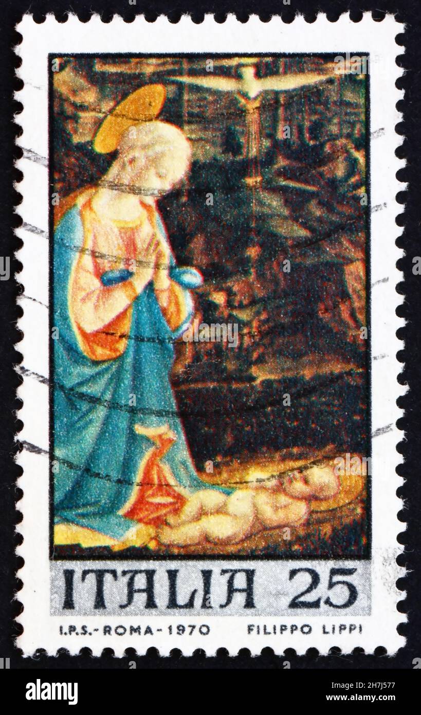 ITALIE - VERS 1970: Un timbre imprimé en Italie montre Vierge à l'enfant, peinture par FRA Filippo Lippi, Noël, vers 1970 Banque D'Images