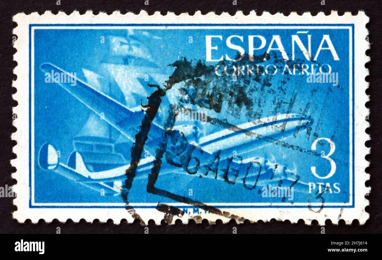 ESPAGNE - VERS 1956: Un timbre imprimé en Espagne montre avion et Caravel, vers 1956 Banque D'Images