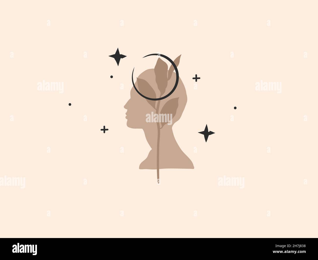 Dessin à la main vecteur résumé stock plat illustration graphique avec élément de logo, bohème magie art de croissant, silhouette humaine et feuille florale en simple Illustration de Vecteur