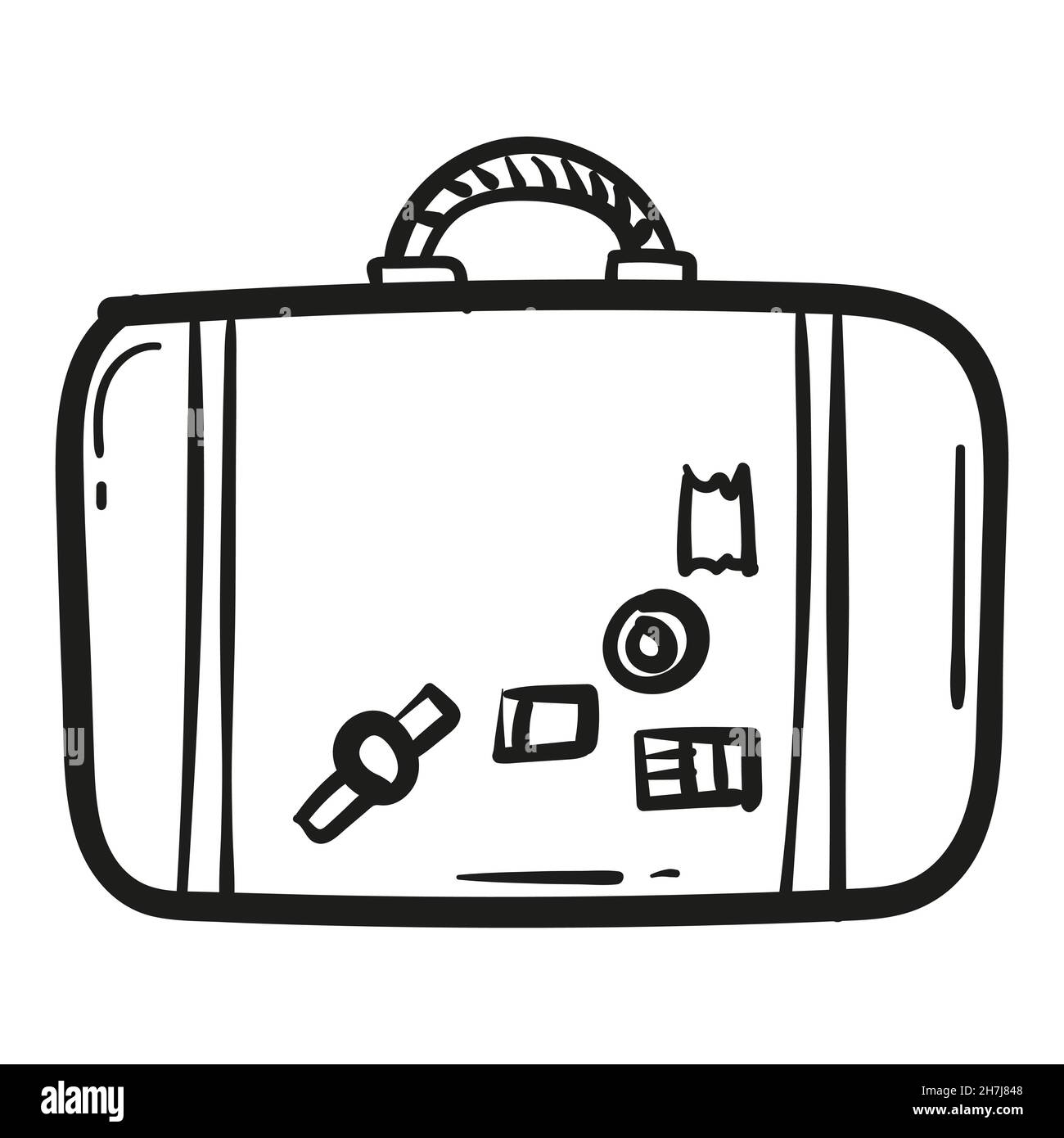 Valise dessinée à la main avec icône en forme de cachets isolée. Illustration de Vecteur