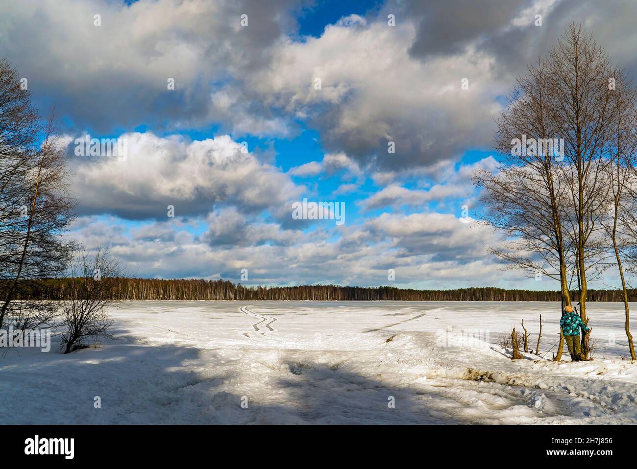 Nuages blancs sur un lac gelé.Jour d'hiver.Région de Leningrad. Banque D'Images