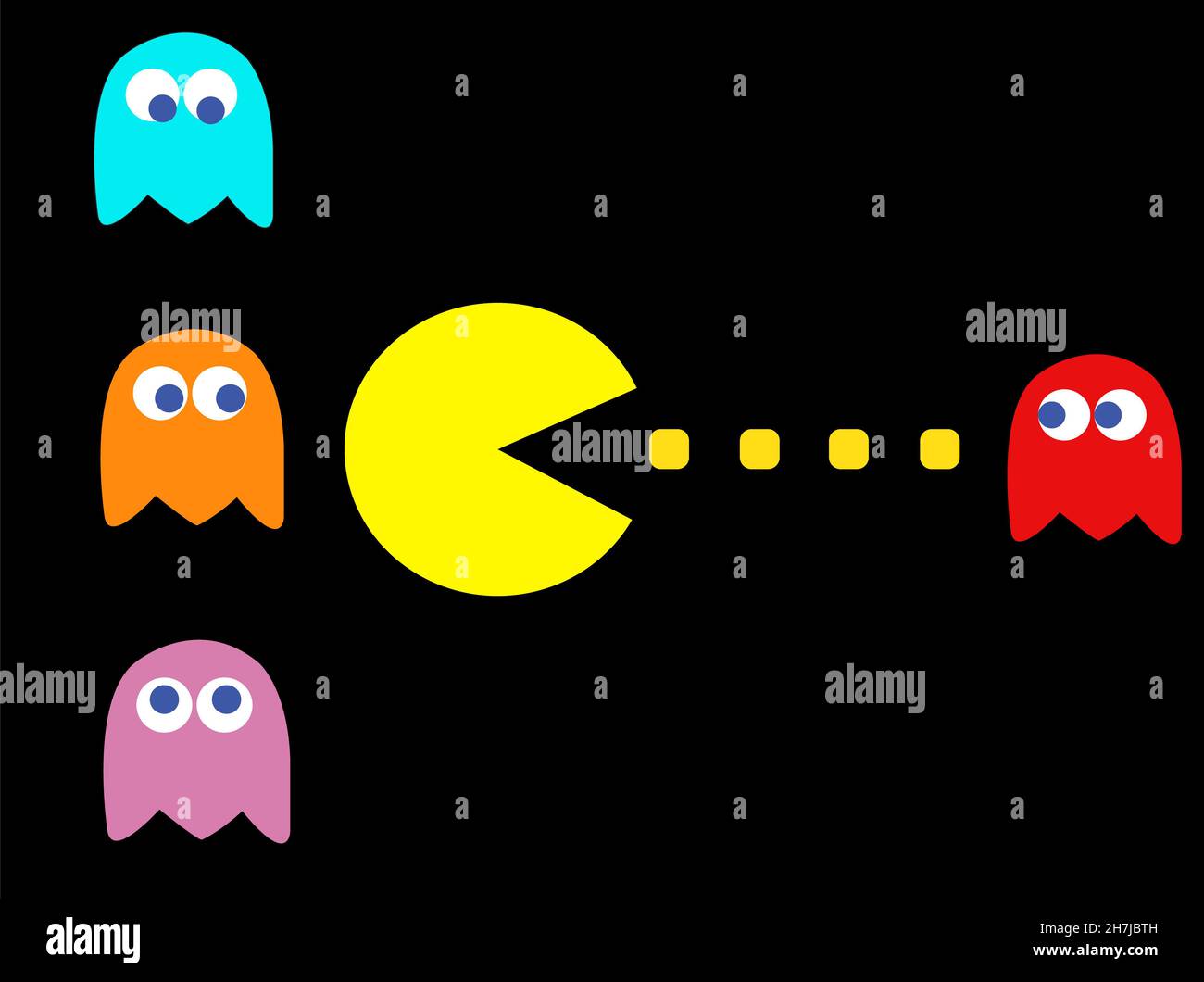 Illustration du vecteur de th?�me de jeu PAC-Man.Jeu d'ordinateur r?�tro avec des personnages de 