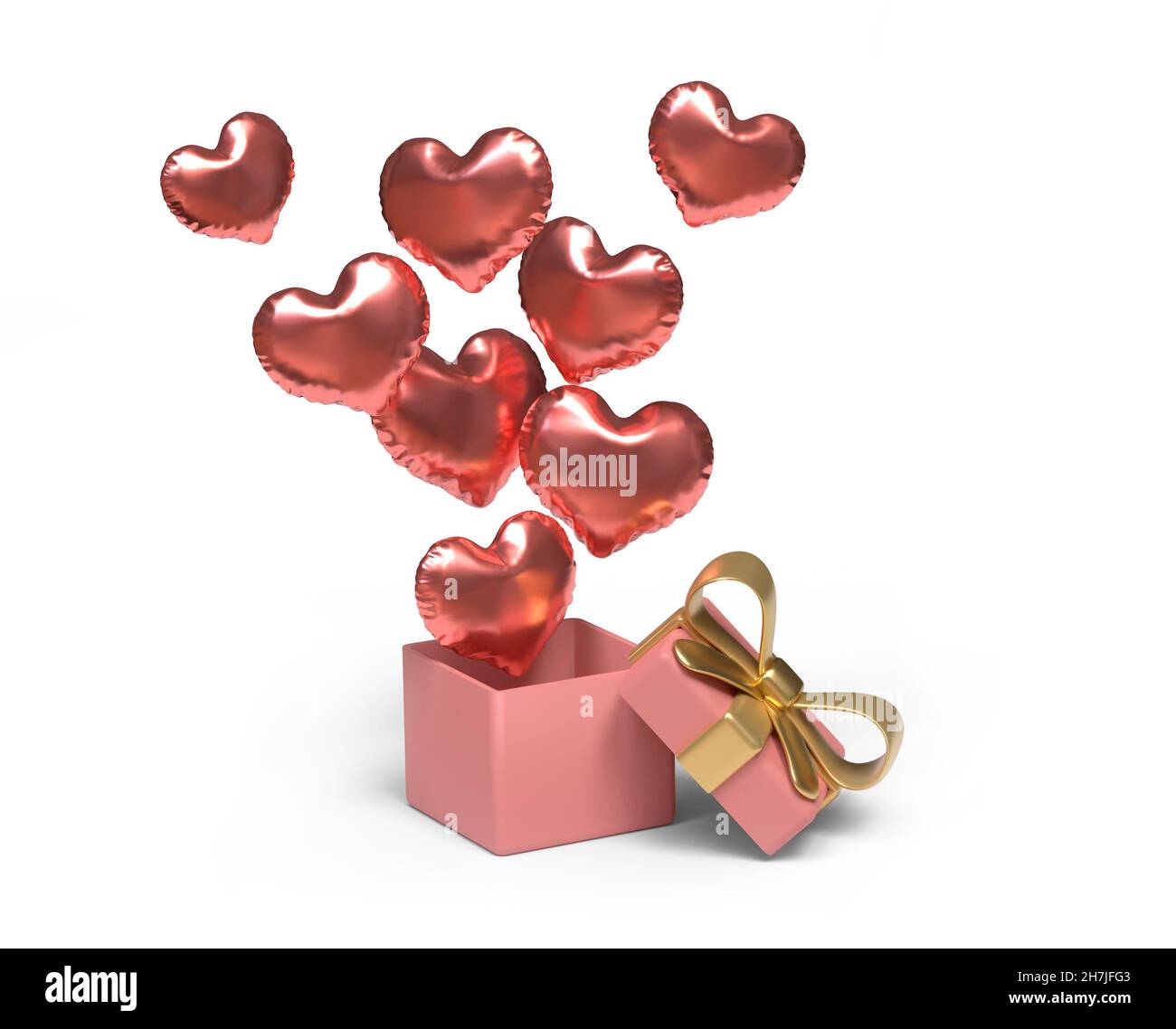 Boîte cadeau ouverte avec ballons en forme de coeur.Masque.Image 3D Banque D'Images