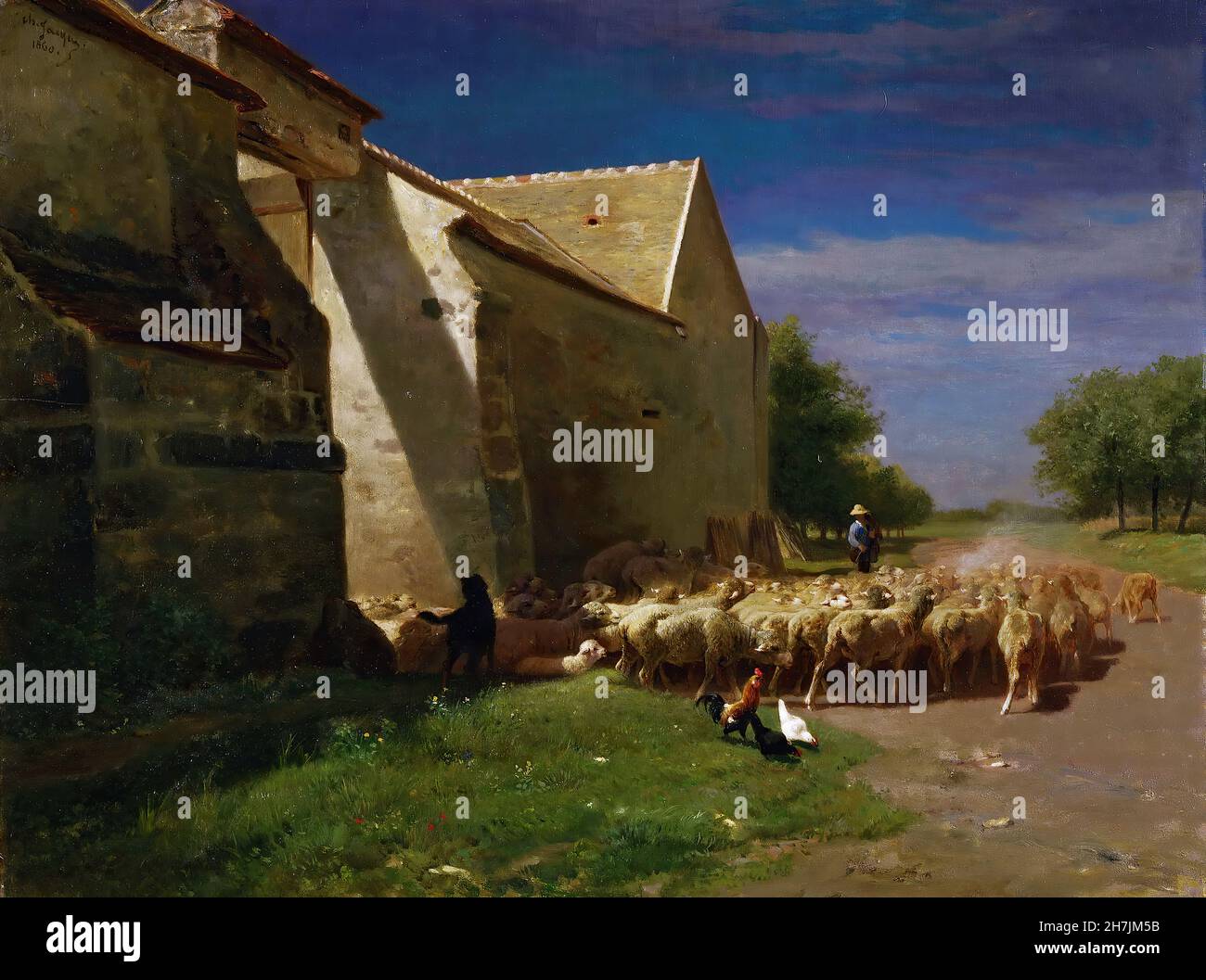 Charles-Ã‰Mile Jacque - Sheep quittant une ferme (1860) Banque D'Images