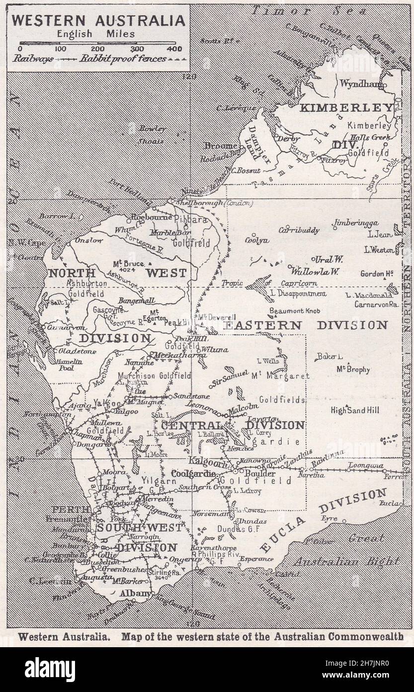 Carte d'époque de l'Australie occidentale, état occidental du Commonwealth australien 1930s. Banque D'Images
