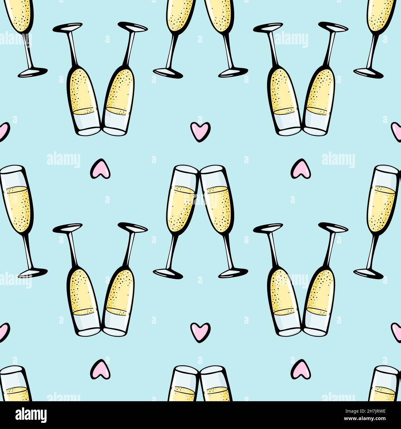 Verres de champagne à motif de caniche sans couture.Illustration du vecteur Cheers sur fond bleu.Carte de voeux pour la Saint-Valentin, affiche de célébration d'anniversaire Illustration de Vecteur