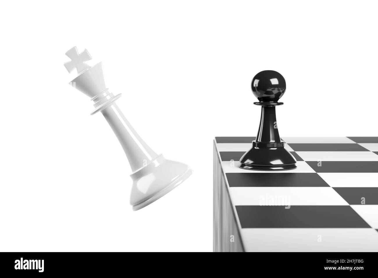 Pion d'échecs battant un roi.Concept de réussite.illustration 3d. Banque D'Images