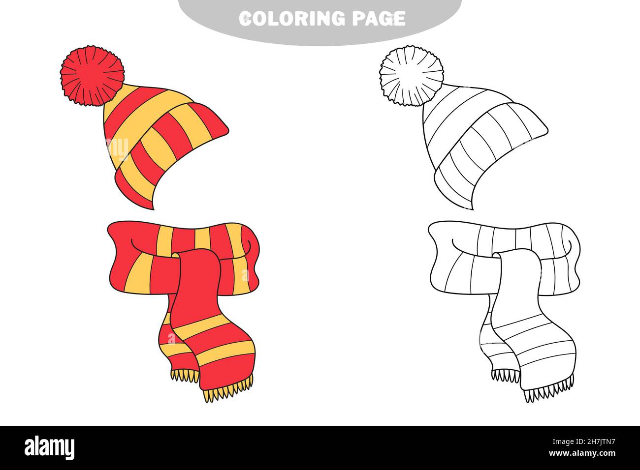 Page de coloriage simple.Jeu d'éducation pour enfants.Écharpe et chapeau  d'hiver chauds.Version couleur et noir et blanc Image Vectorielle Stock -  Alamy