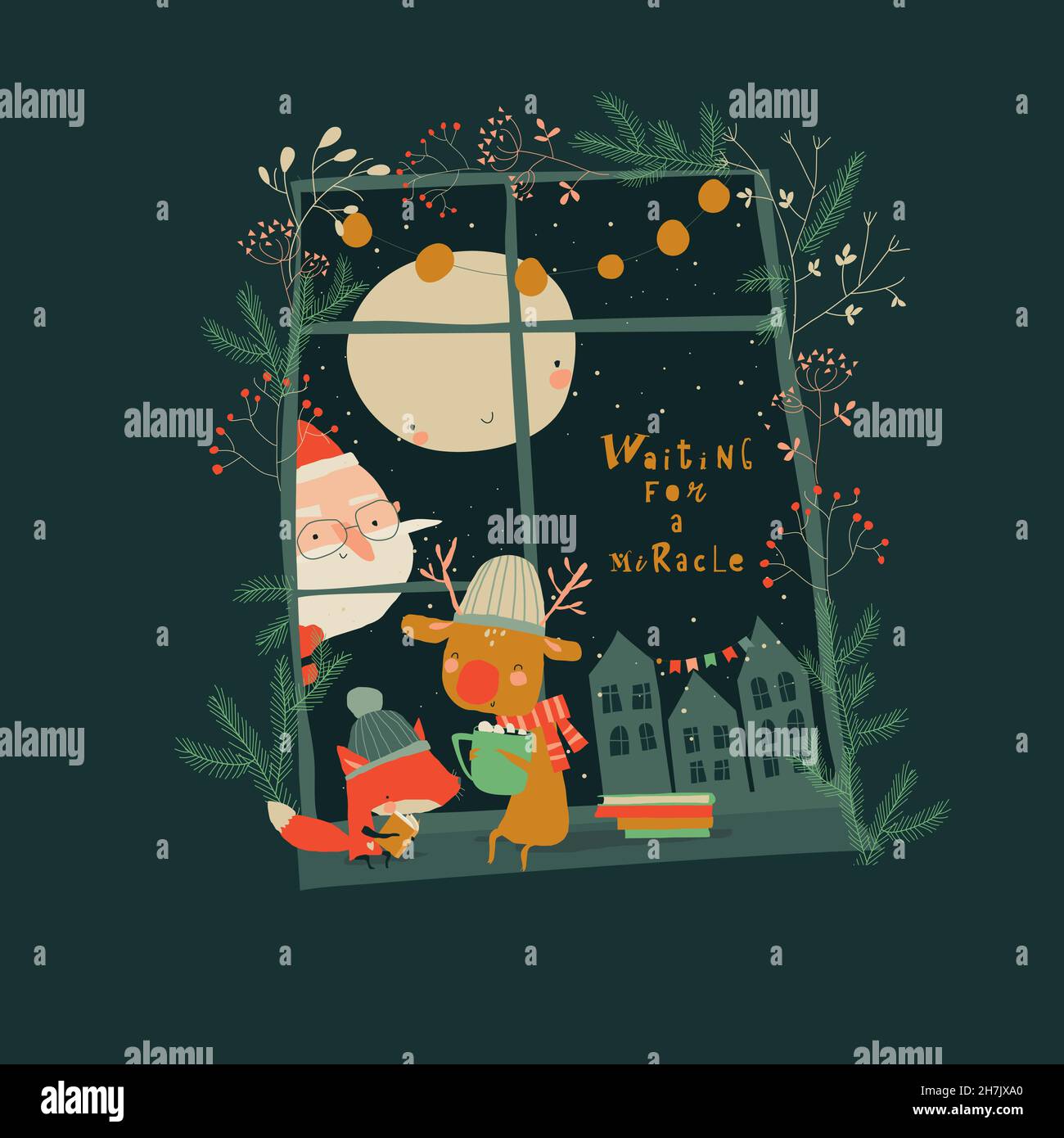 Joli dessin animé renard et renne célébrant les vacances d'hiver Illustration de Vecteur