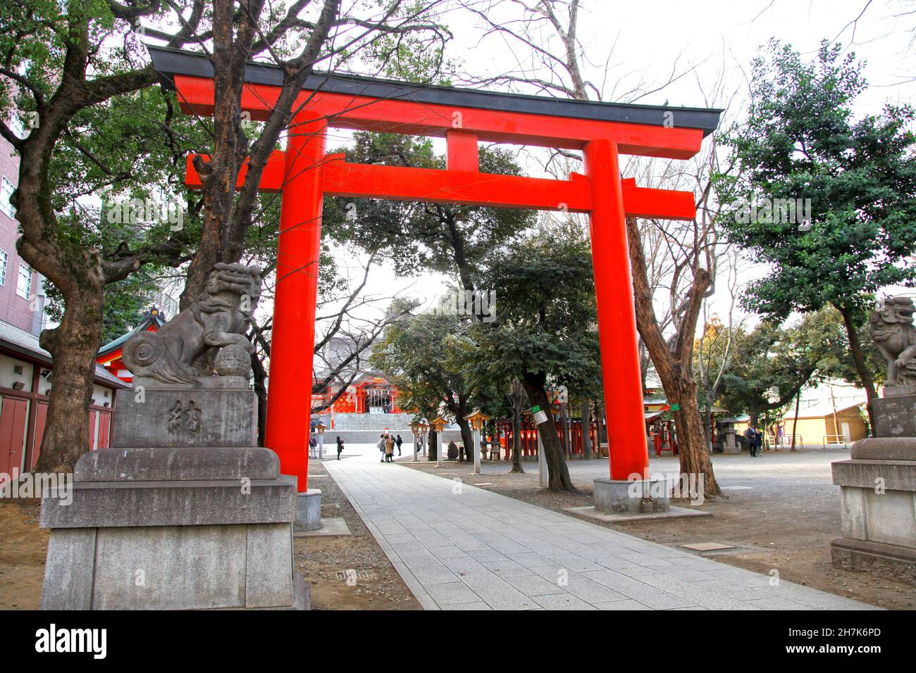 Le sanctuaire Hanazono avec des bâtiments couleur vermilion et des portes torii à Shinjuku, Tokyo, Japon.C'est l'un des plus importants sanctuaires Inari au Japon. Banque D'Images