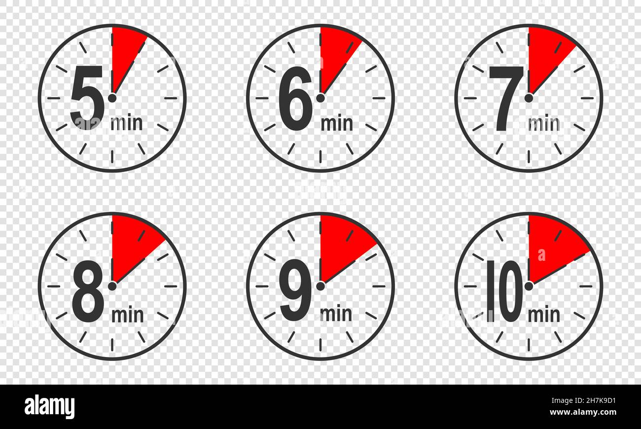 Icônes de minuterie avec 5, 6, 7, 8, 9,intervalle de 10 minutes.Symboles de  compte à rebours ou de chronomètre.Éléments infographiques pour les  instructions de préparation de la cuisine.Illustration vectorielle plate  Image Vectorielle
