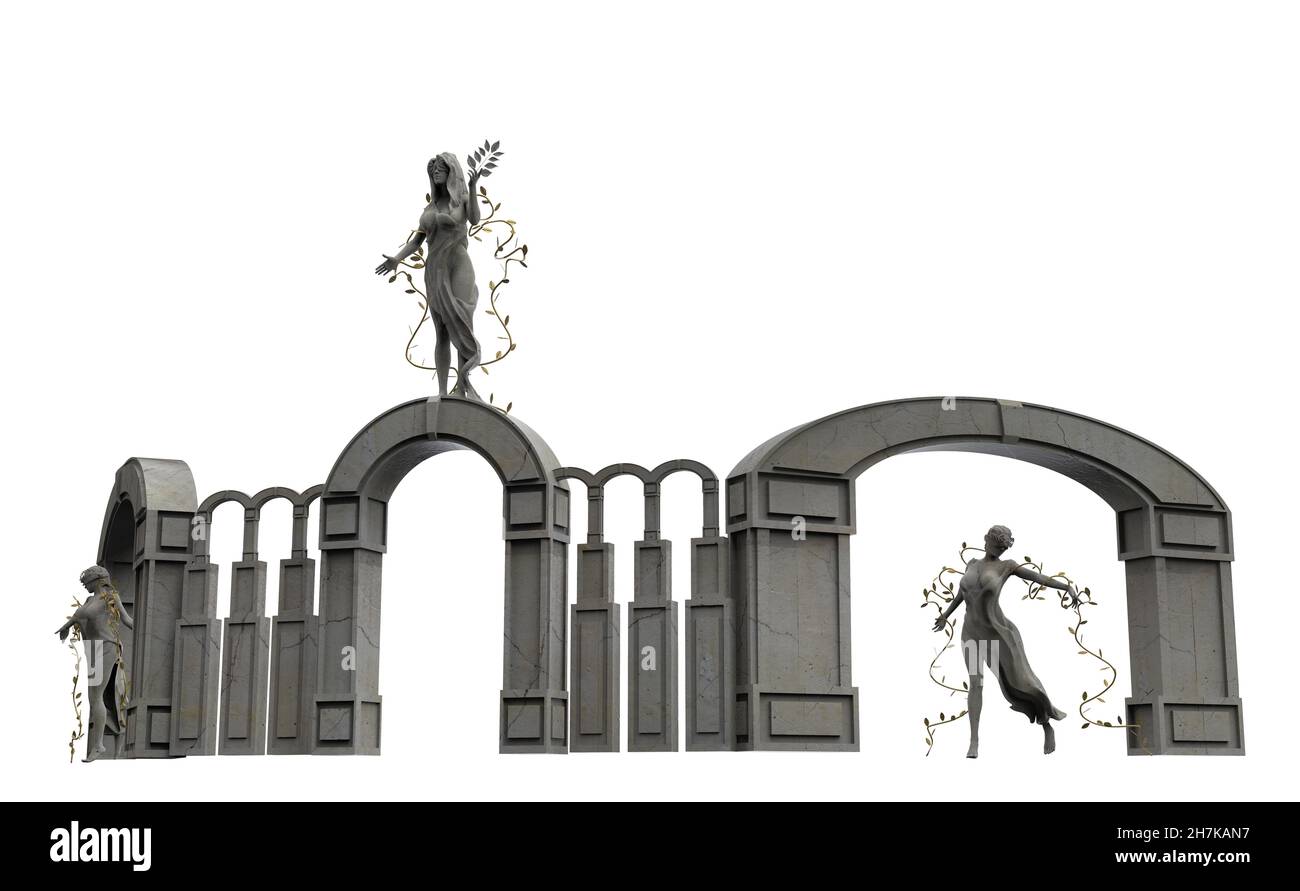 Image 3D isolée de la statue de la déesse de la nymphe de la nature grecque de marbre avec des feuilles dorées debout sur l'arche de pierre avec des colonnes sur fond blanc. Banque D'Images Image 3D isolée de la statue de la déesse de la nymphe de la nature grecque de marbre avec des feuilles dorées debout sur l'arche de pierre avec des colonnes sur fond blanc. Banque D'Images