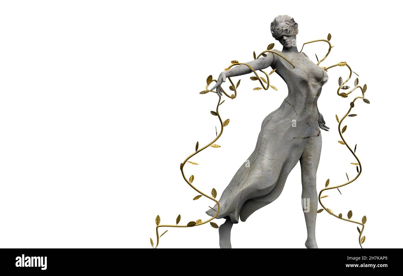 Image 3D isolée de la statue de la déesse de la nymphe de la nature grecque de marbre avec des feuilles dorées debout dans la posture de danse sur fond blanc. Banque D'Images Image 3D isolée de la statue de la déesse de la nymphe de la nature grecque de marbre avec des feuilles dorées debout dans la posture de danse sur fond blanc. Banque D'Images