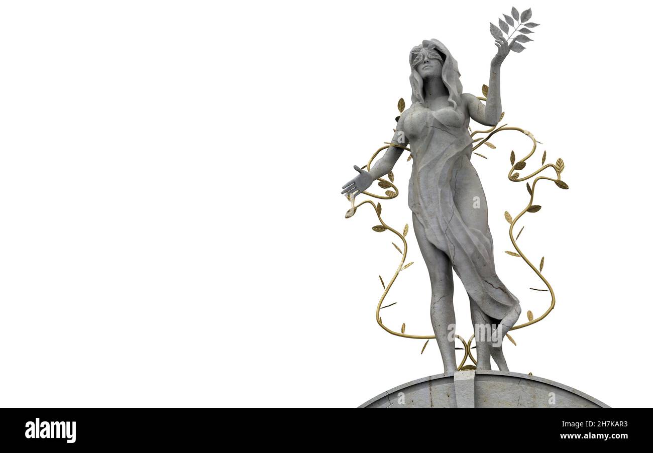 Image 3D isolée de la statue de la déesse de la nymphe de la nature grecque de marbre avec des feuilles dorées sur fond blanc. Banque D'Images Image 3D isolée de la statue de la déesse de la nymphe de la nature grecque de marbre avec des feuilles dorées sur fond blanc. Banque D'Images
