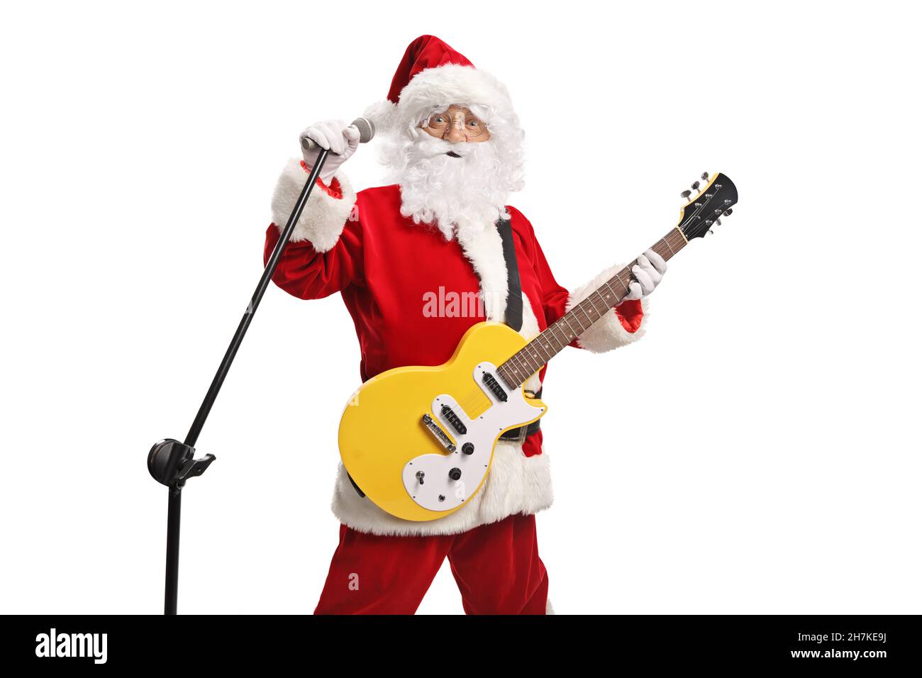 Le Père noël joue une guitare électrique et chante sur un microphone isolé  sur fond blanc Photo Stock - Alamy