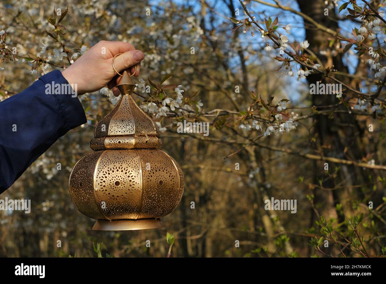 Ramadan.La lanterne d'or Mubarak dans le jardin de printemps .Islam religion.Printemps congé religieux musulman Banque D'Images