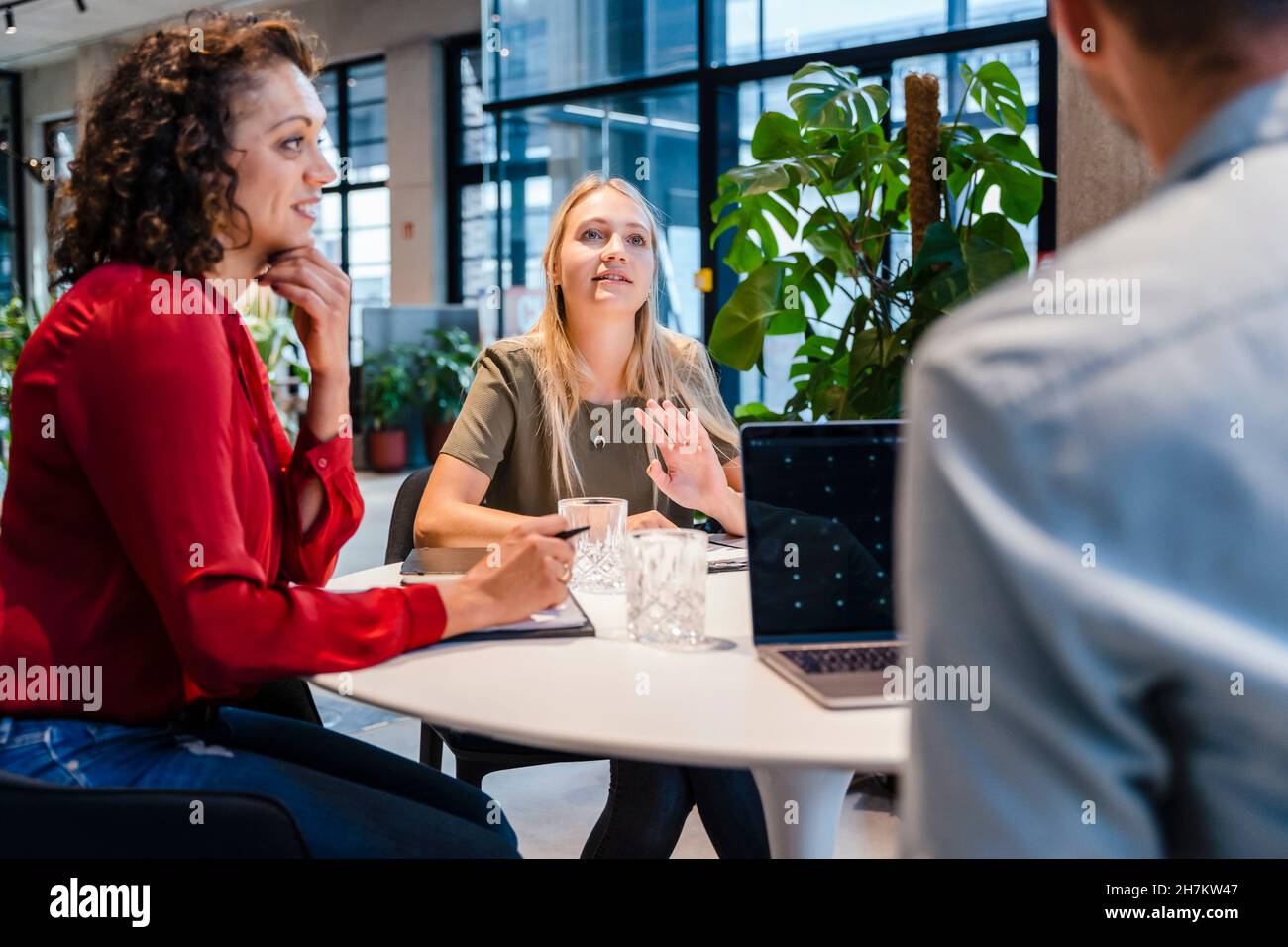 Jeune femme d'affaires en discussion avec des collègues en réunion Banque D'Images