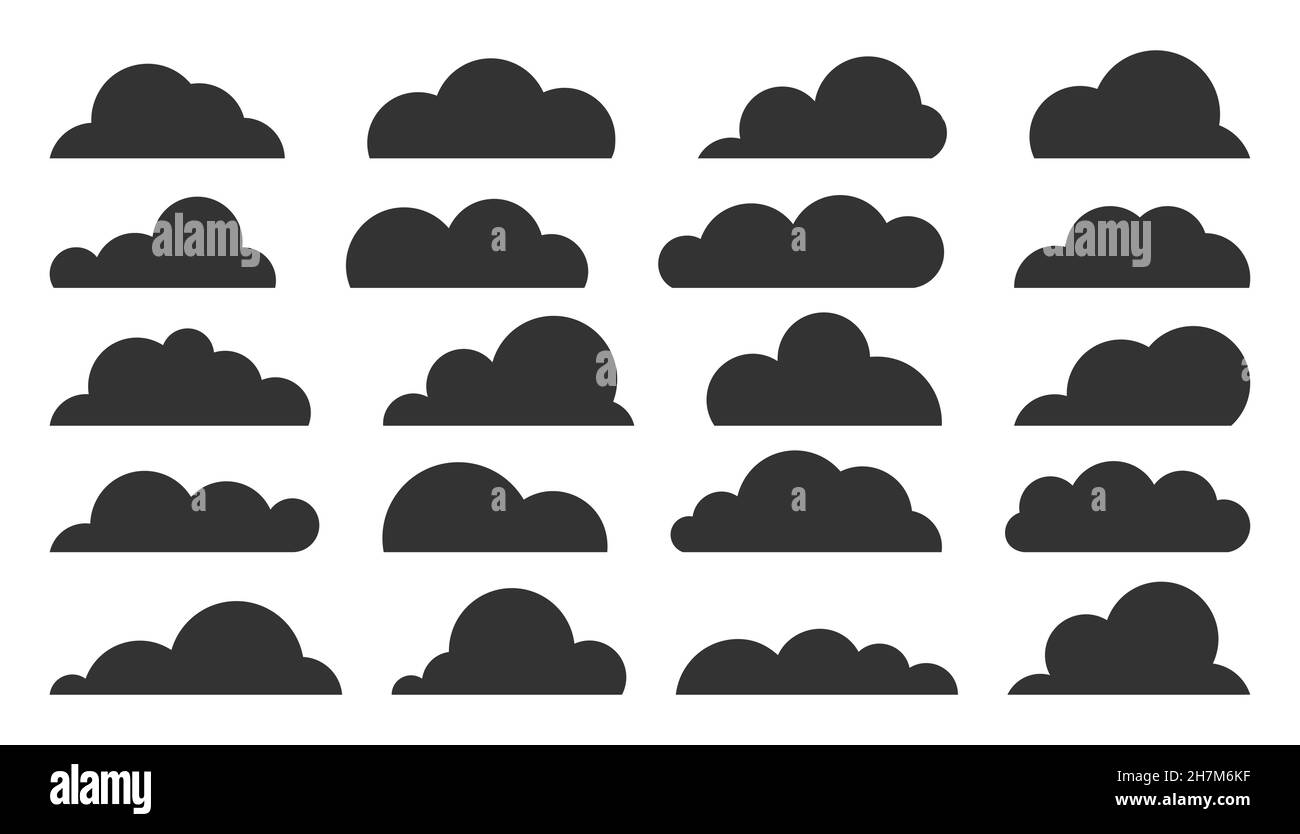 Ensemble de silhouette noir nuage.Tampon fumée météo symbole jeu application widget interface de site Web.Météo papier peint splash élément sans nuages.Forme vierge hochant la forme carte postale livre publicité isolée Illustration de Vecteur