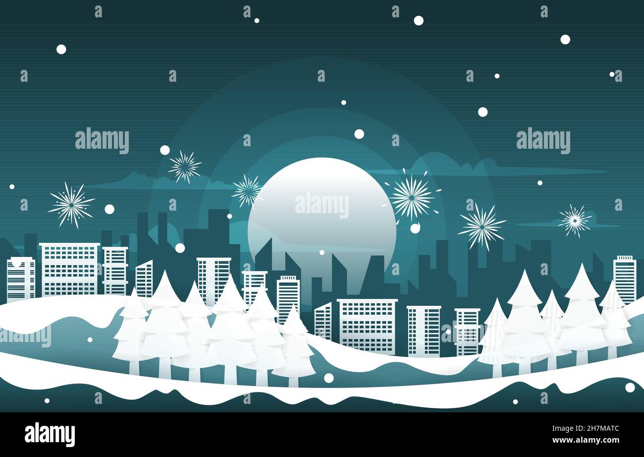 Feu d'artifice de nuit, bâtiment de ville, hiver nouvel an, illustration de la coupe de papier Illustration de Vecteur