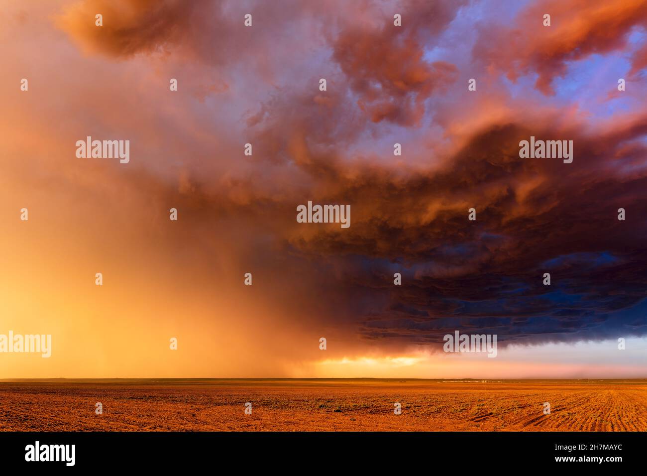 Ciel orageux au coucher du soleil avec des nuages spectaculaires au-dessus d'un champ de ferme dans le Colorado Banque D'Images