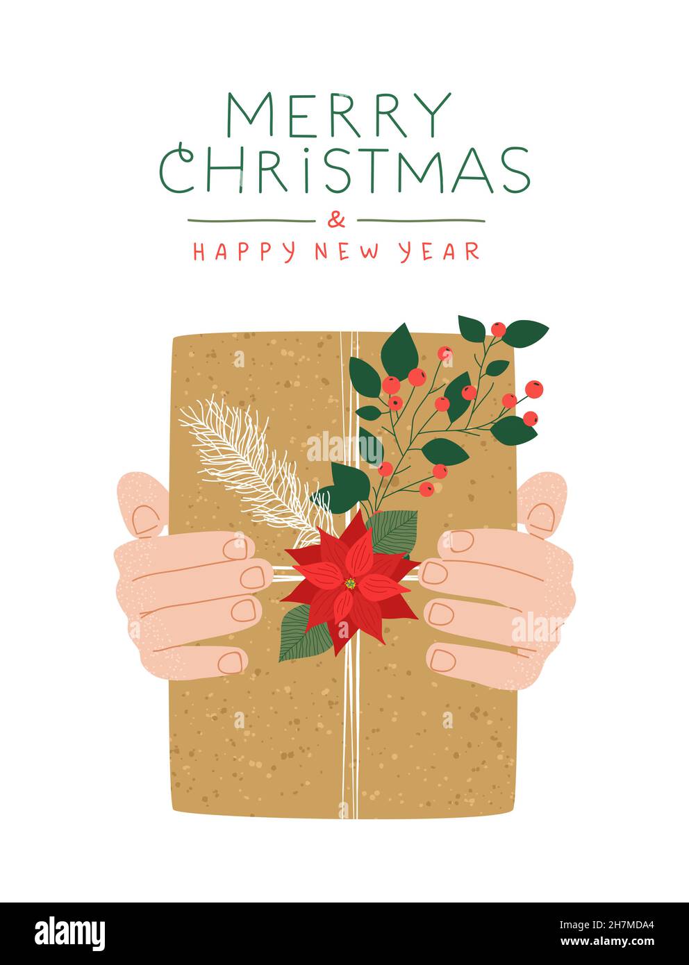 Joyeux Noël carte de vœux du nouvel an illustration de papier recyclé boîte cadeau avec décoration verte de feuilles d'hiver.Invitation à la célébration Illustration de Vecteur