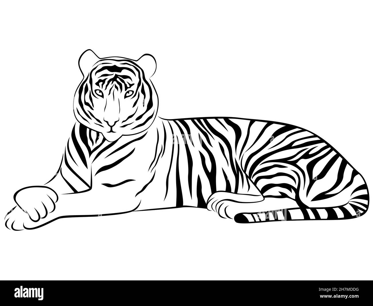 Contour du tigre allongé dans une posture gracieuse, vecteur noir isolé sur fond blanc comme un tatouage Illustration de Vecteur