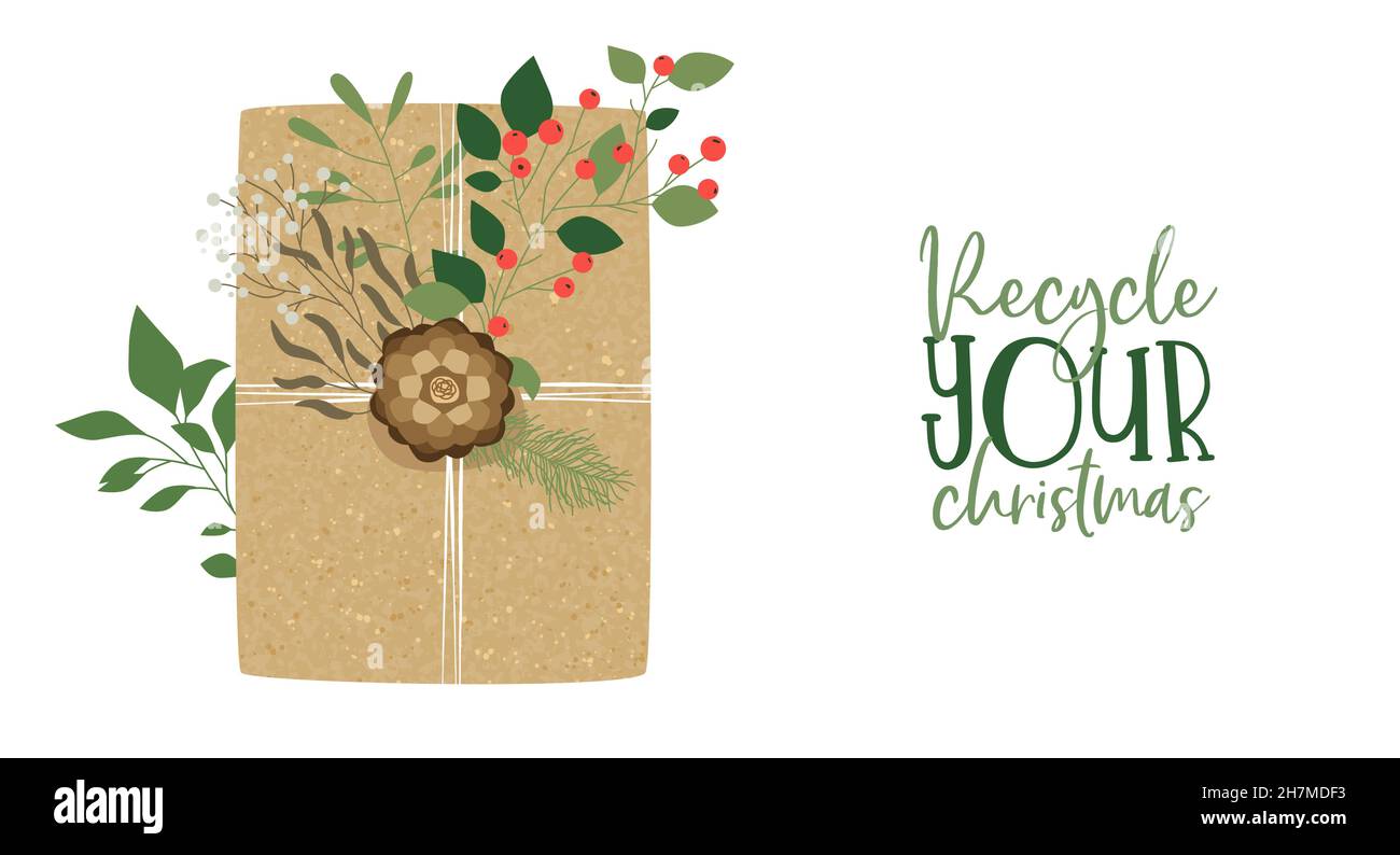 Carte de vœux Merry Christmas illustration d'une boîte cadeau en papier recyclé avec décoration verte en feuilles d'hiver.Concept de soin de la nature pour la célébration Illustration de Vecteur