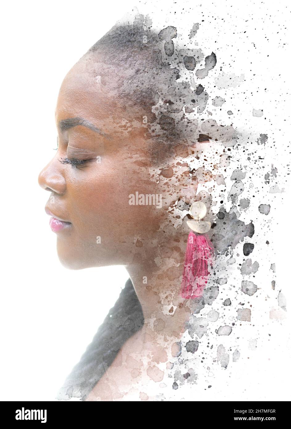 Peinture.Portrait de profil d'une femme combiné à des éclaboussures abstraites peintes en aquarelle. Banque D'Images