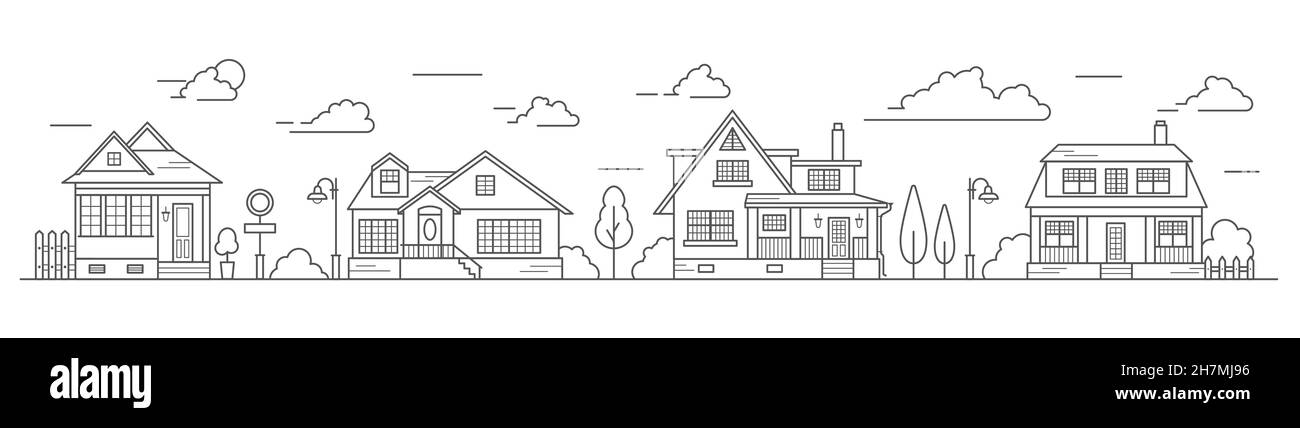 Paysage des quartiers de la ville, les maisons de la banlieue quartier résidentiel.Un certain nombre de bâtiments de faible hauteur du village.Vecteur de contour Illustration de Vecteur