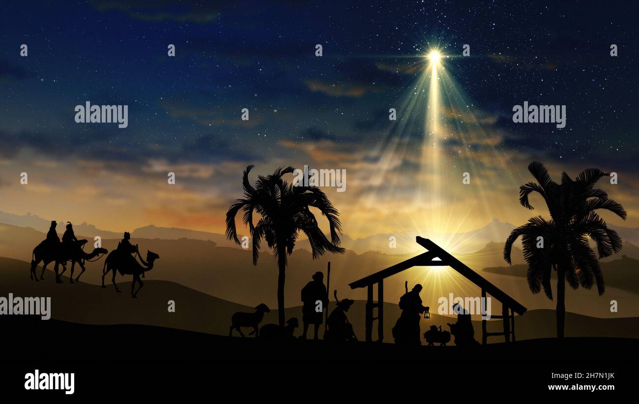 Scène de Noël avec étoiles scintillantes et étoile plus lumineuse de Bethléem avec personnages de la nativité animaux animés et arbres.Nativité Histoire de Noël uedn Banque D'Images