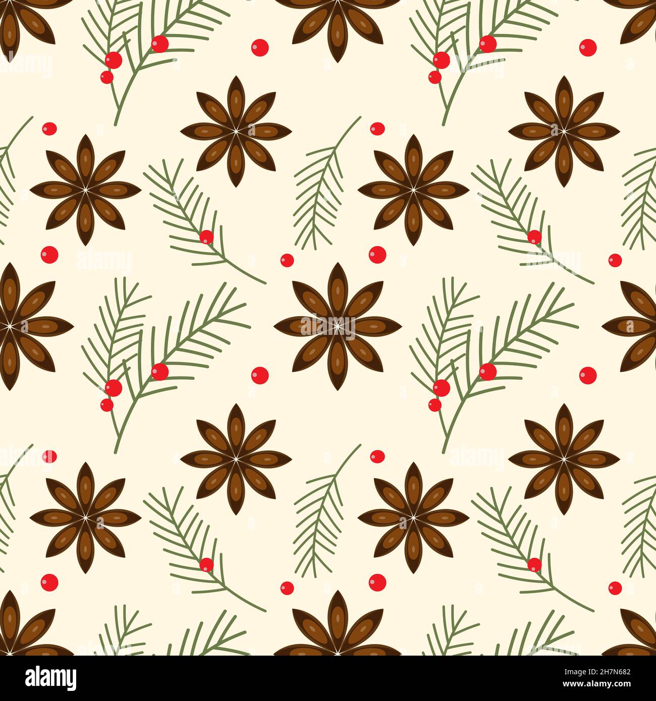 Hiver Noël motif nouvel an étoile de sapin anis branche de conifères genévrier rouge baie.Arrière-plan, toile de fond, emballage, textiles.Illustration vectorielle Illustration de Vecteur