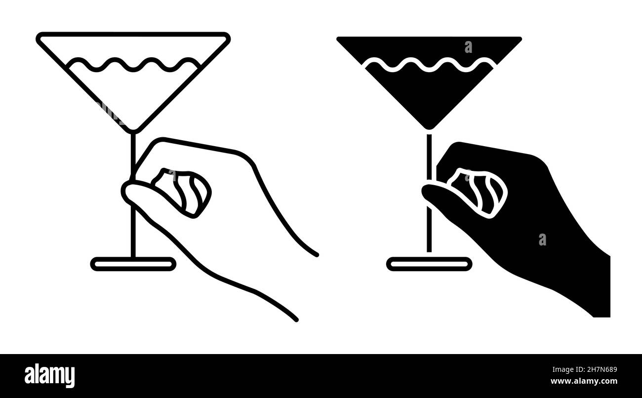 Icône linéaire.Femme tenant main verre avec martini.Cocktails, boissons alcoolisées, menu de café, restaurant.Simple vecteur noir et blanc isolé Illustration de Vecteur