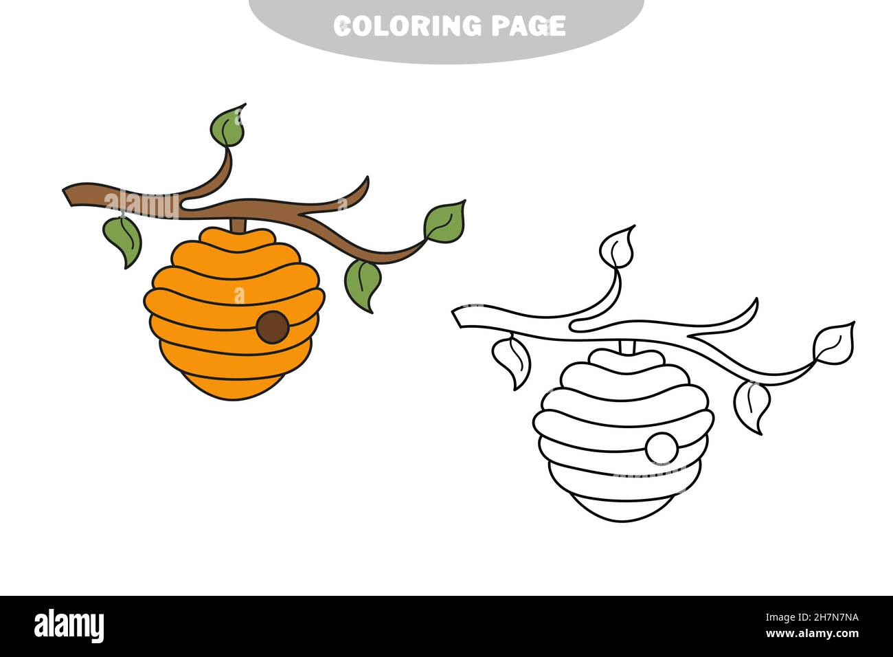 Page de coloriage simple.Livre de coloriage pour les enfants, Bee Hive sur blanc.Version couleur et noir et blanc Illustration de Vecteur