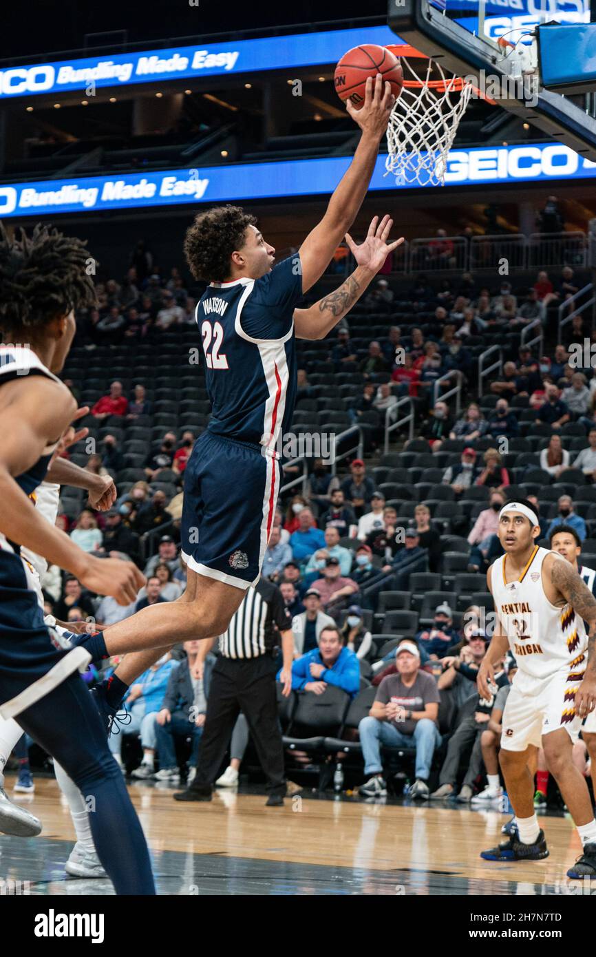 Gonzaga Bulldogs, le joueur de sport Anton Watson (22), a fait un pari lors d'un match de basket-ball de la NCAA contre les Chippewas du Michigan central, le lundi 22 novembre 20 Banque D'Images