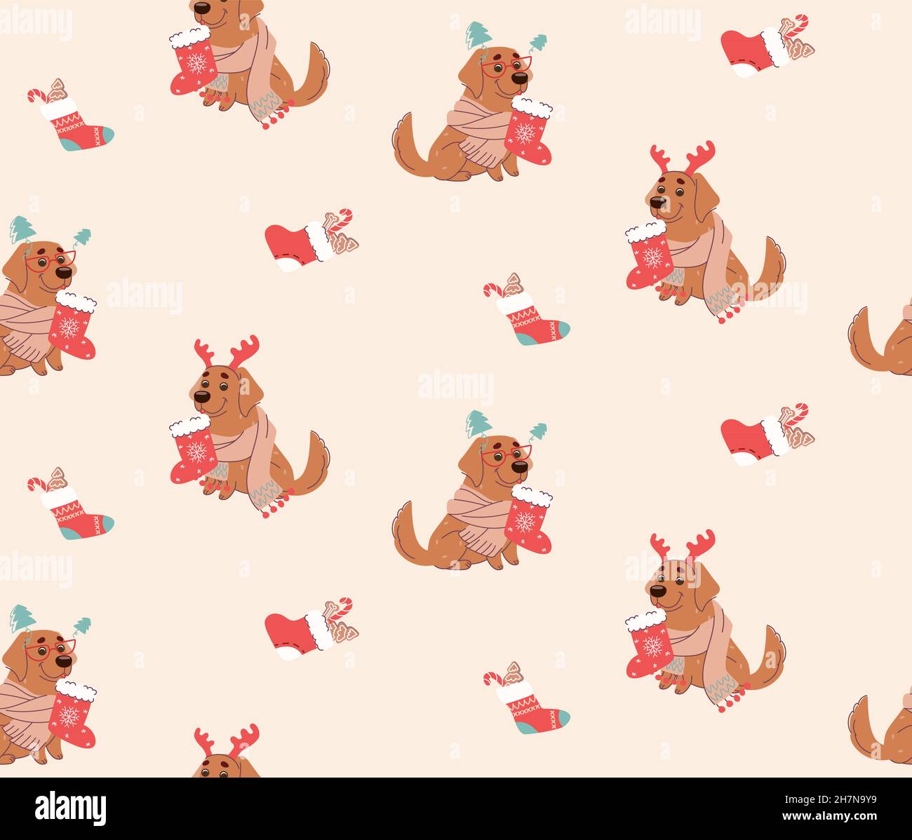 Motif de Noël sans coutures avec chiens.Vecteur de style plat. Illustration de Vecteur