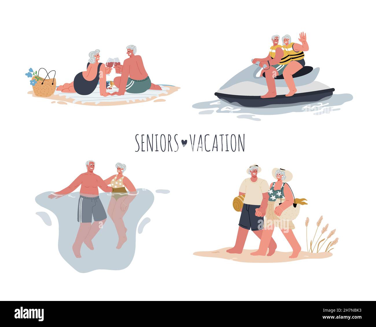 Un couple de personnes âgées en vacances, natation, pique-nique sur la plage, équitation scooter des eaux, marche sur la plage, main de main, amour dans l'âge.Active seniors.Vector Illustration de Vecteur