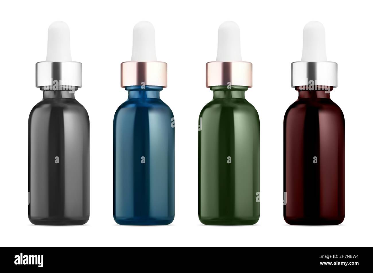 Jeu de flacons compte-gouttes en verre réalistes.Flacon d'huile aromatique organique cosmétique, anti-âge essentiel.Flacon de sérum de collagène.Produit naturel liquide de traitement de beauté Illustration de Vecteur