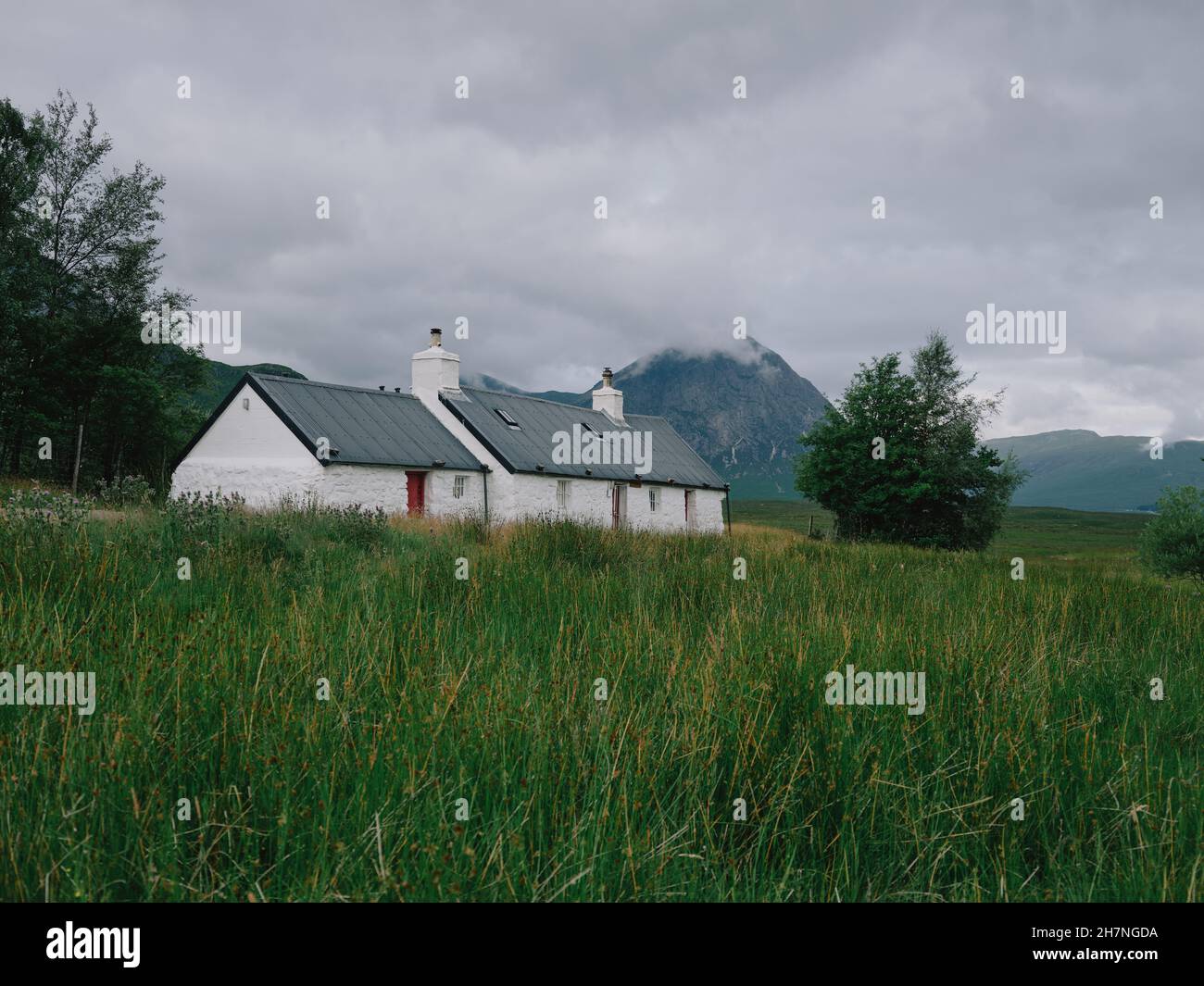 Un croft blanc typique isolé dans le paysage d'été des Highlands reculé de Glencoe West Highlands Scotland UK - Scotland croft paysage d'architecture Banque D'Images