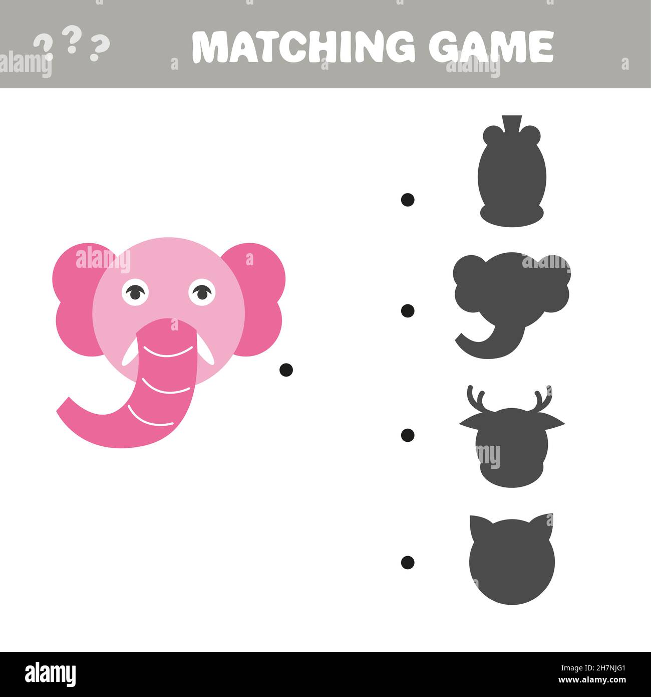 Jeu de correspondance d'ombres.Illustration vectorielle - éléphant rose.Jeu de jumelage d'ombres pour les enfants d'âge préscolaire Illustration de Vecteur