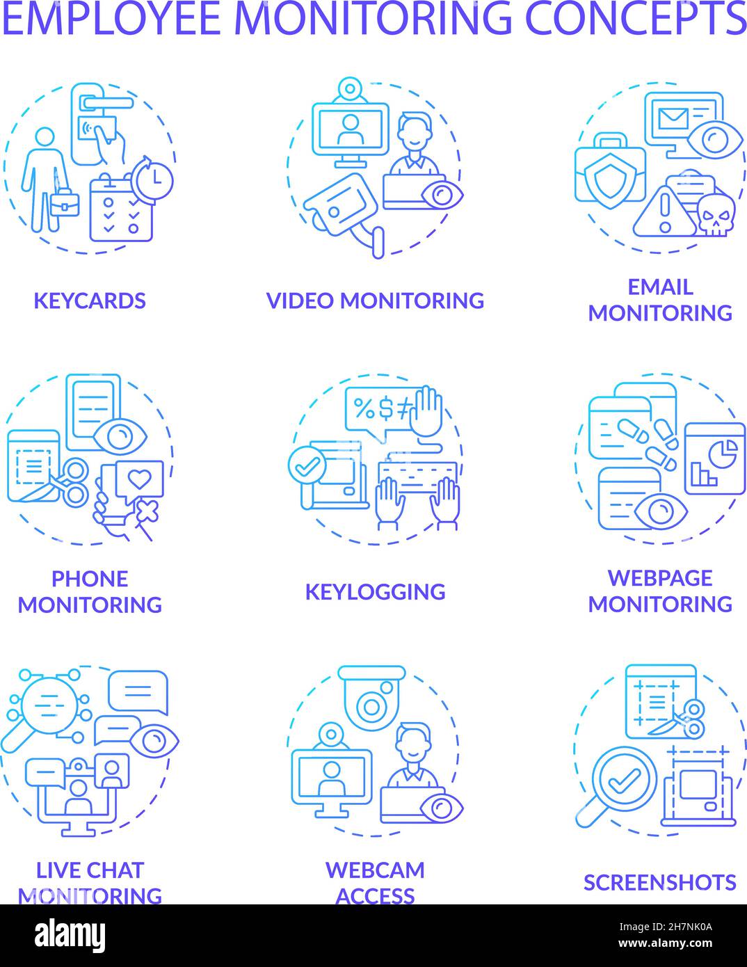 Ensemble d'icônes de concept de gradient bleu de surveillance des employés Illustration de Vecteur