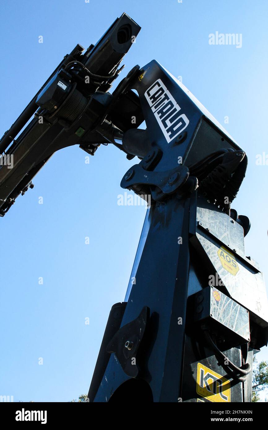 Madrid, Espagne - 14 novembre 2021 : flèche intérieure télescopique et vérin d'une grue pour camion Banque D'Images