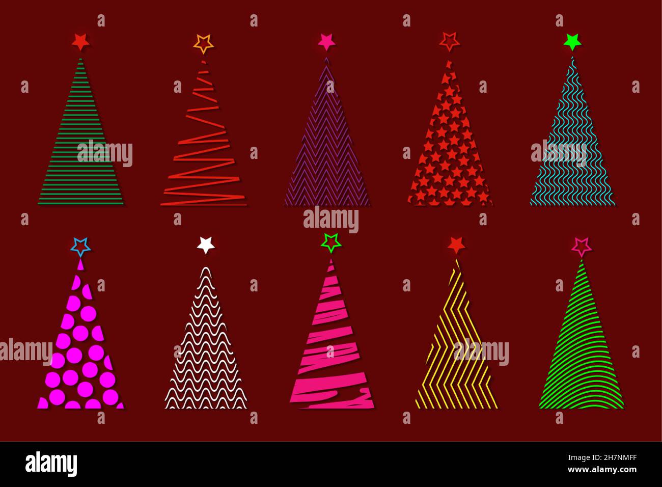 Ensemble de sapin de Noël stylisé à motif vectoriel coloré, logo de la mode festif, arbre géométrique en relief dans des couleurs fluo vives, isolé sur fond rouge Illustration de Vecteur